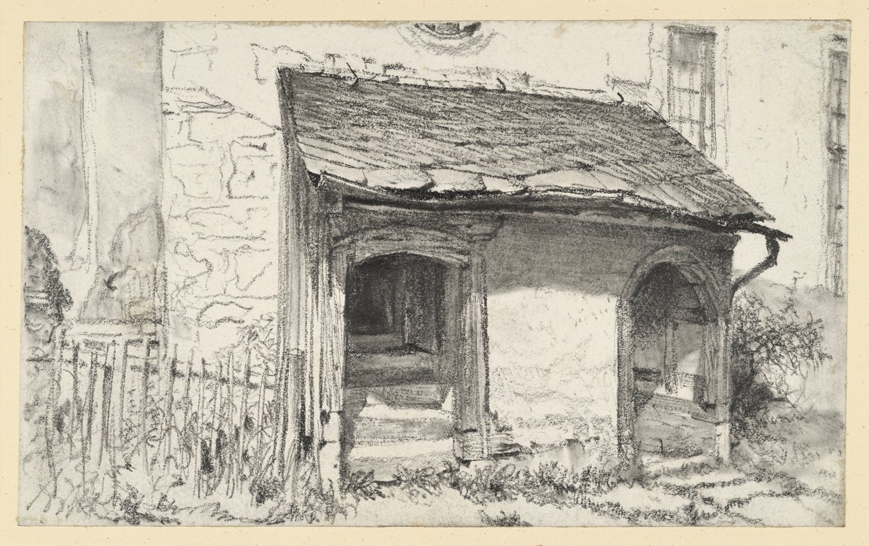 Lage voorbouw van een kerk met twee ingangen en een hek door Adolph Menzel