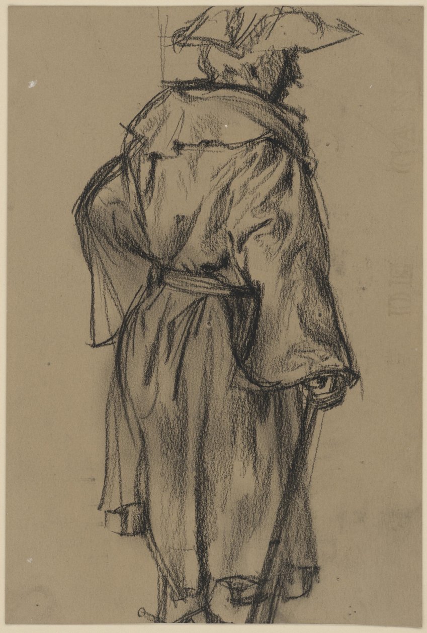 Officier met mantel en hoed, met een wandelstok in zijn rechterhand, halfprofiel naar rechts. (Houdingsstudie Moritz von Anhalt-Dessau) door Adolph Menzel