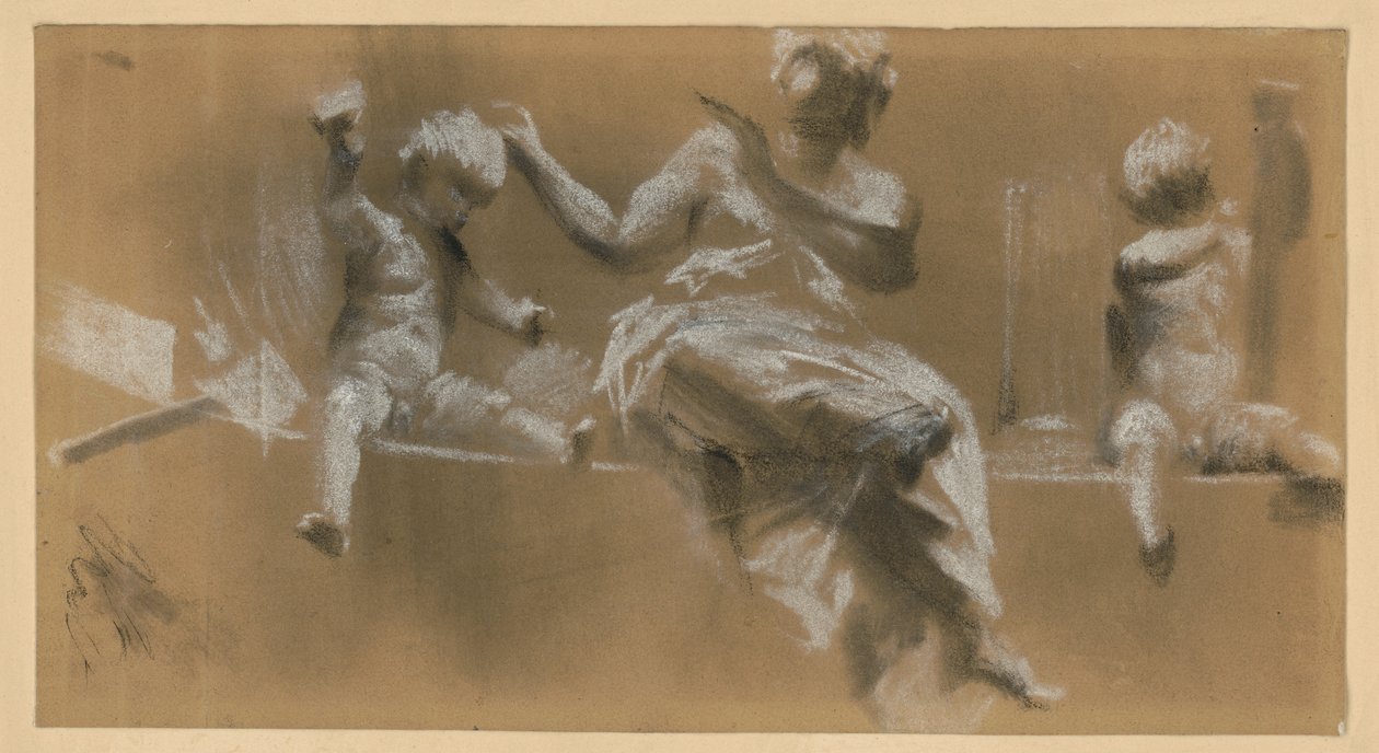 Reliëf op een kroonlijst, allegorische vrouwenfiguur geflankeerd door putti die de schilderkunst (rechts) en de beeldhouwkunst (links) symboliseren, zie cat. 159 door Adolph Menzel