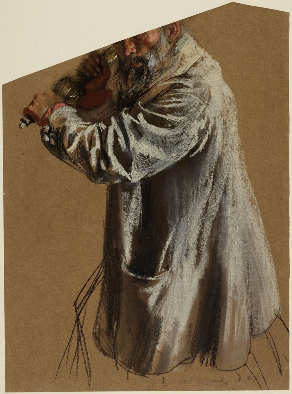 Rock van een oudere, bebaarde man met een lantaarnvormige handgreep, kniestuk naar links, boven de ogen bijgesneden door Adolph Menzel