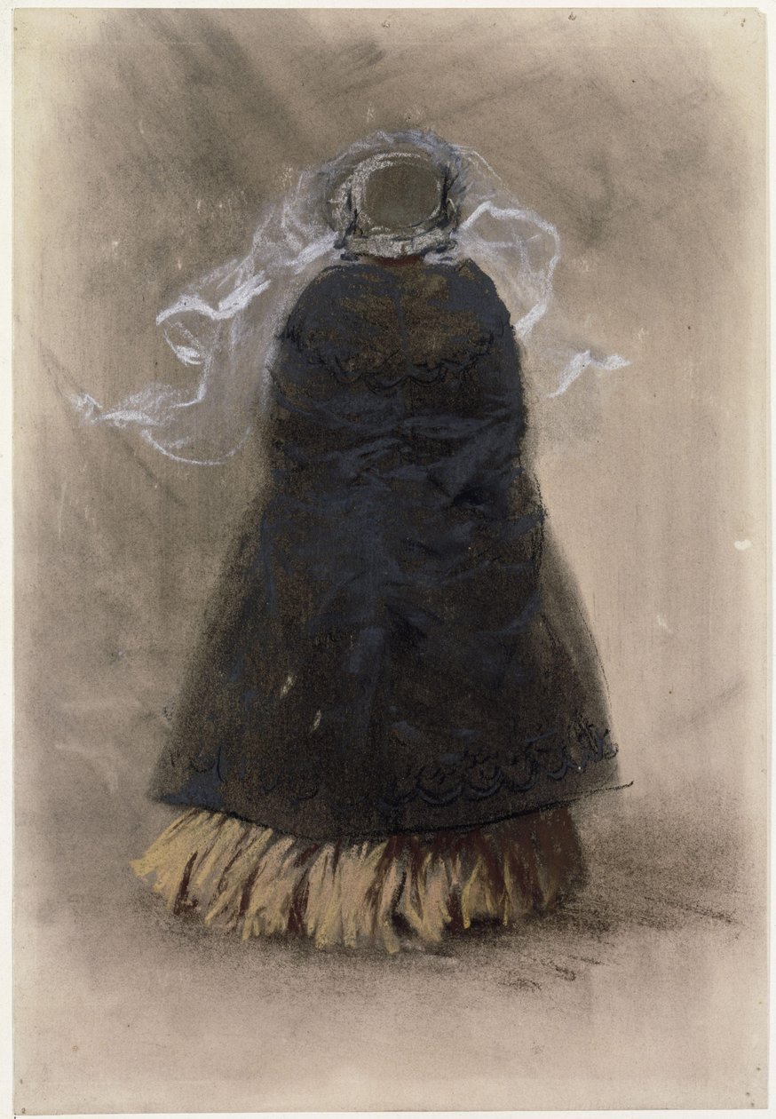 Rugfiguur van een dame met hoed en wapperende sluier door Adolph Menzel