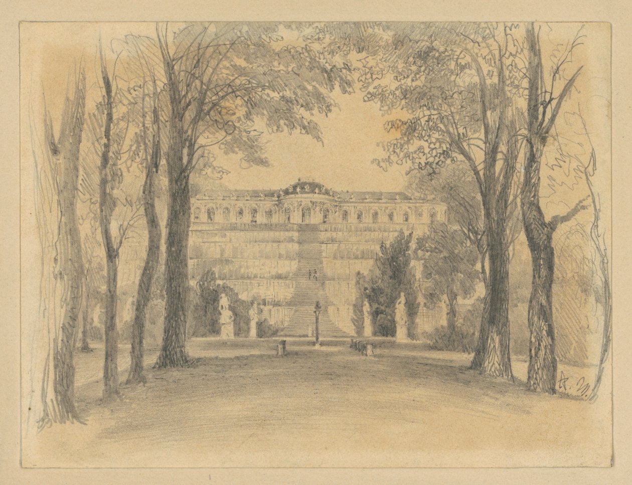 Het paleis Sanssouci met de terrassen en de fontein door Adolph Menzel