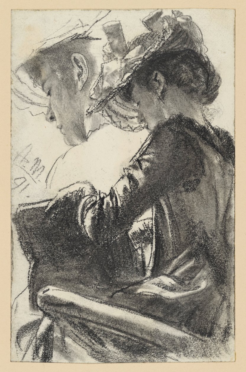 Zittende vrouw met hoed, een boek in haar handen, hoofd herhaald door Adolph Menzel