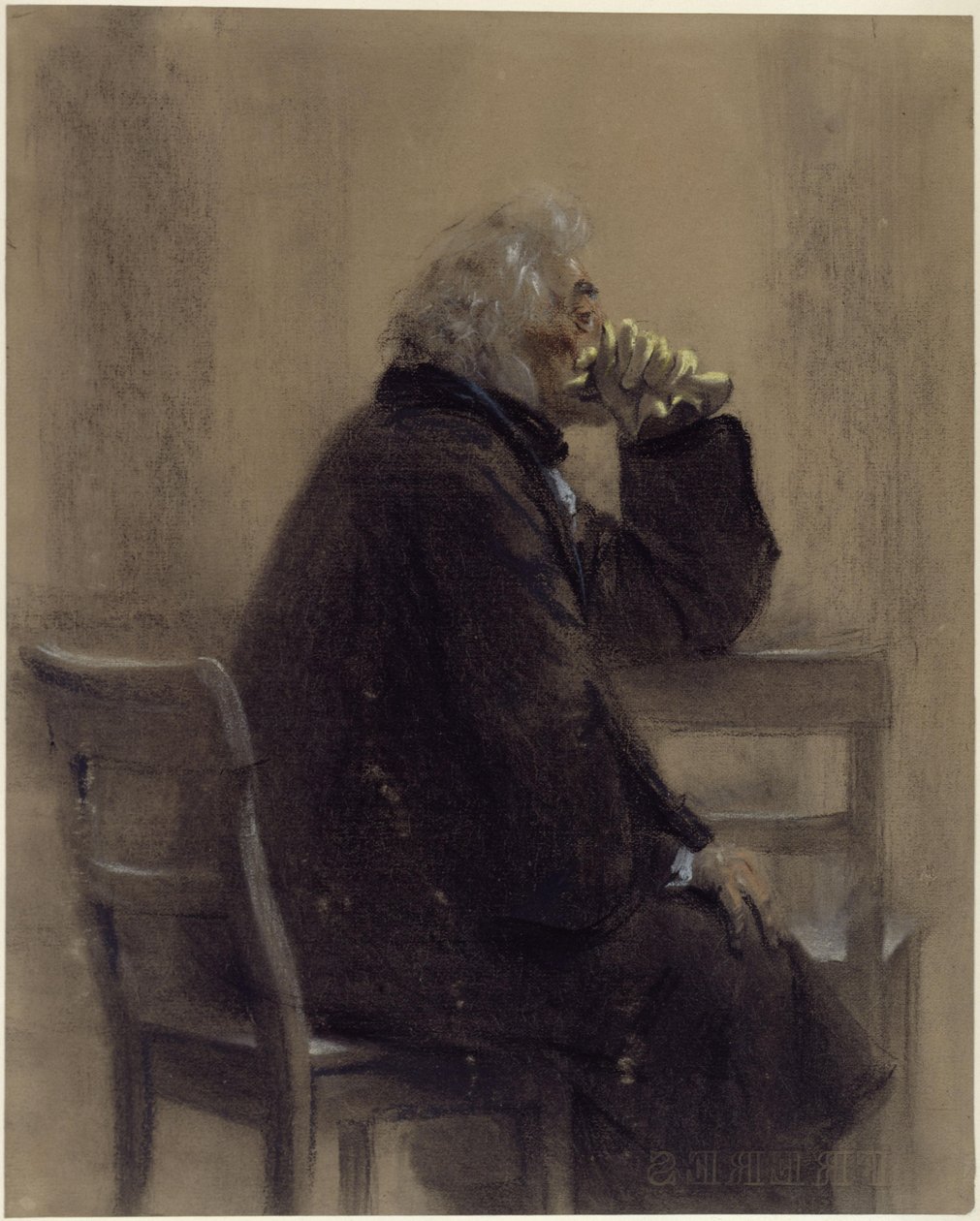 Zittende oudere heer in een overjas met handschoenen, kniebeschermers, profiel naar rechts door Adolph Menzel