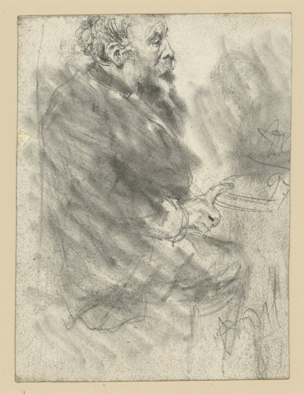 Zittende man met een baard, naar rechts kijkend, met de wijsvinger van zijn rechterhand gestrekt op het tafelblad door Adolph Menzel