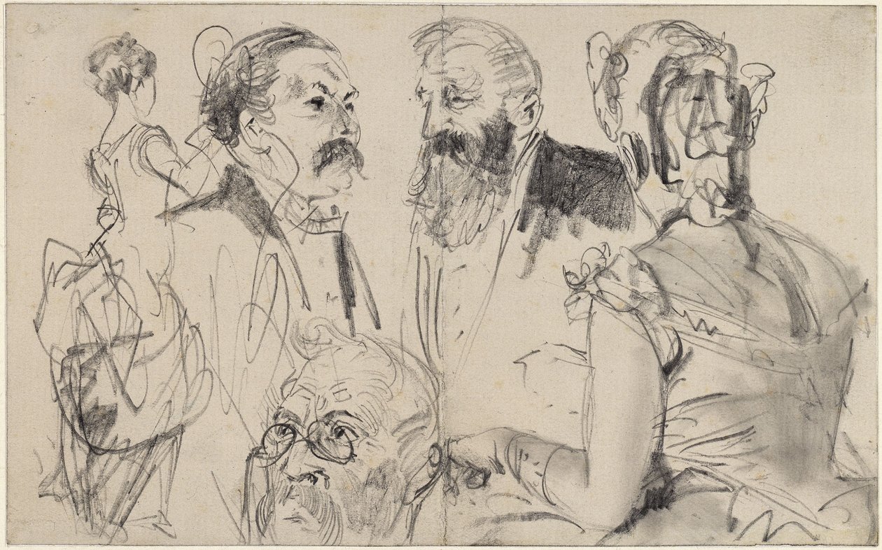 Schetsblad met drie mannenhoofden en twee vrouwelijke rugfiguren van een voornaam gezelschap door Adolph Menzel