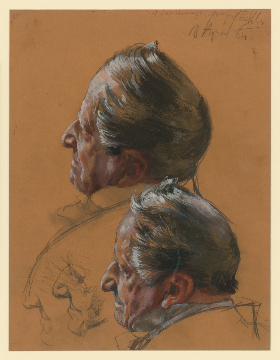 Staatsminister graaf Pückler, twee profielschetsen naar links, portretstudies voor „De kroning van Wilhelm I in Königsberg“ door Adolph Menzel
