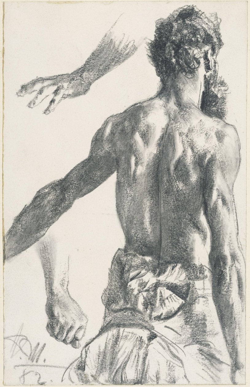 Staande man met baard, halfnaakt, gezien van achteren door Adolph Menzel