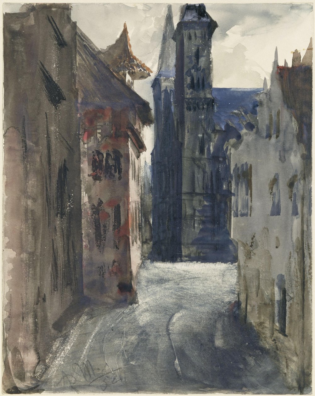 De straat en de Sint-Sebalduskerk in Neurenberg door Adolph Menzel