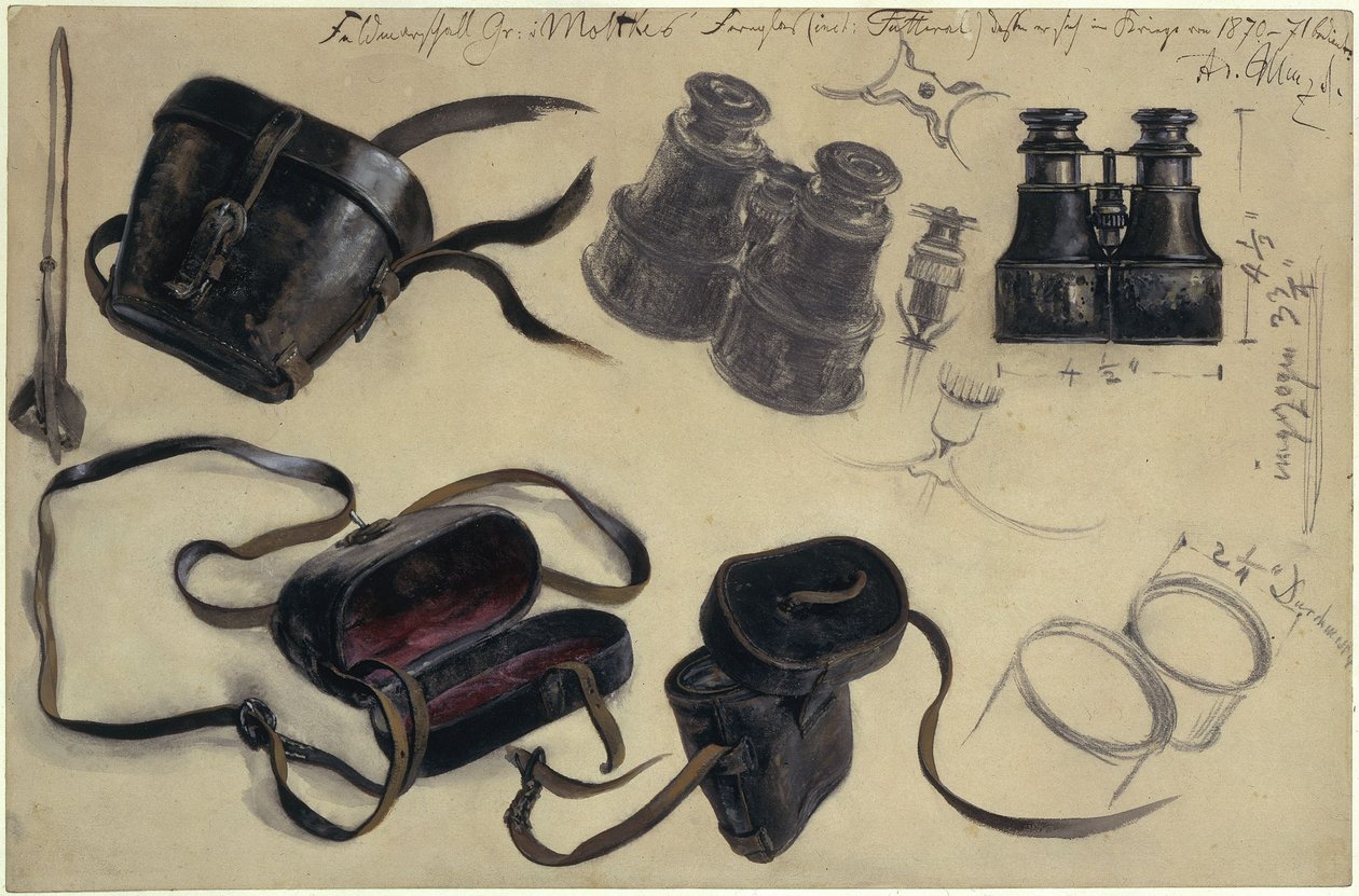 Studie naar de verrekijker van veldmaarschalk graaf von Moltke, etui en details, met aantekeningen door Adolph Menzel
