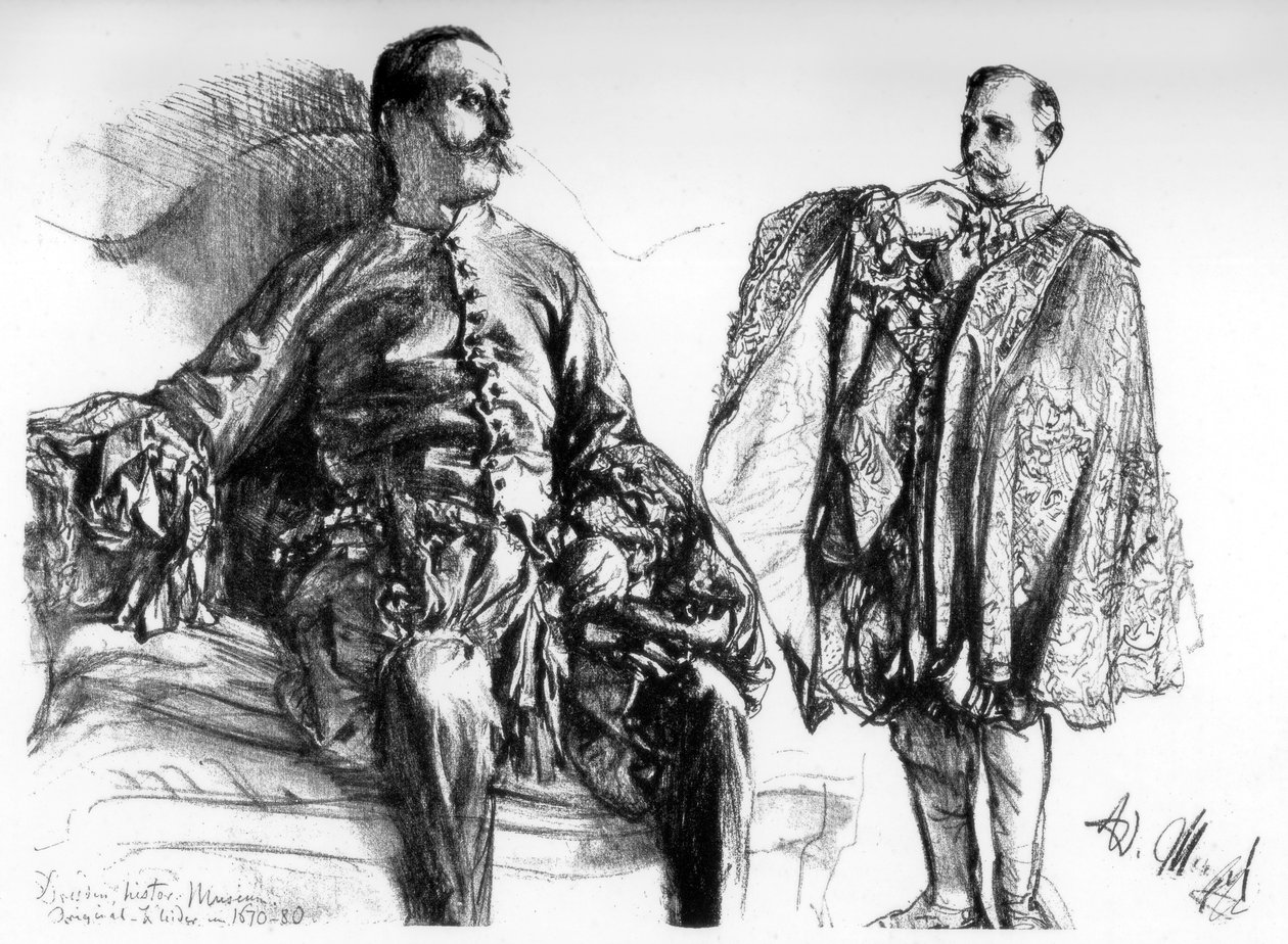 Studies van oude jurken op levende modellen, ca. 1880-1882 door Adolph Menzel