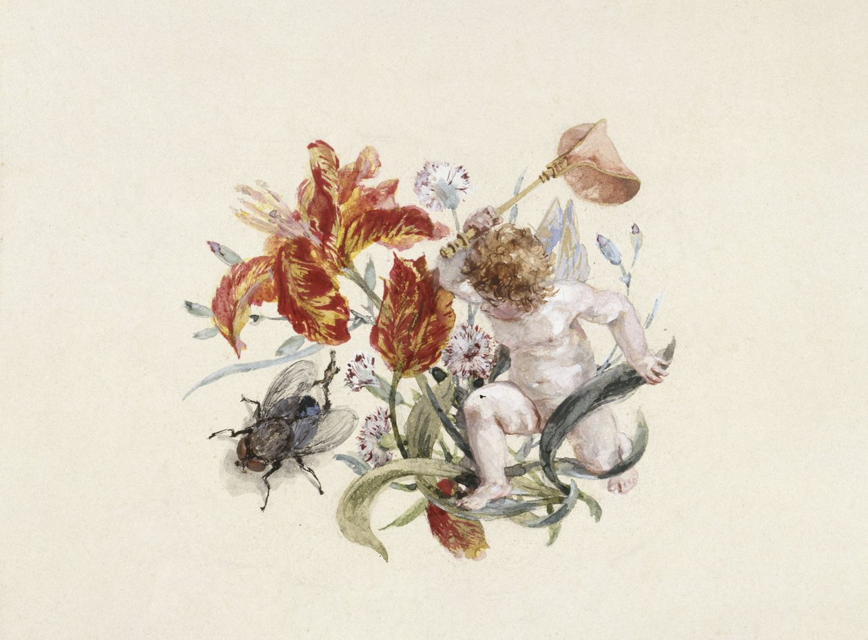 Tafelservies: soepterrine, deksel met putto en vlieg door Adolph Menzel