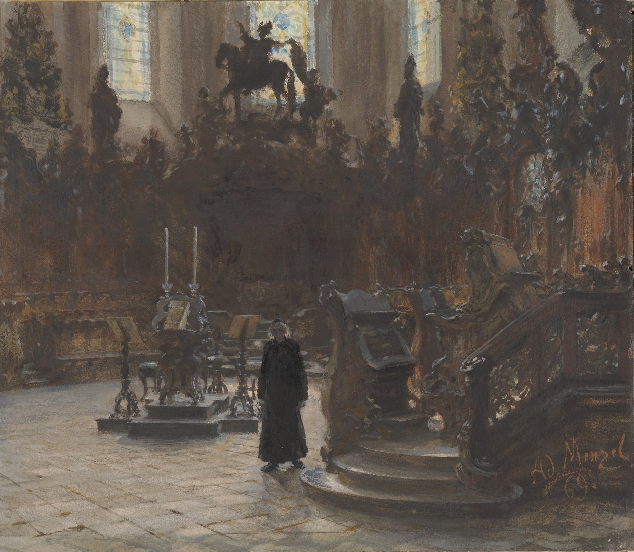 De koorbanken in de kathedraal van Mainz, 1869 door Adolph Menzel