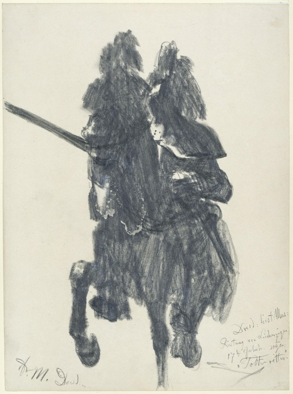 "Dodenstrijder". Ruitersculptuur met toernooipantser uit het einde van de 16e eeuw en lans in het Historisch Museum in Dresden door Adolph Menzel