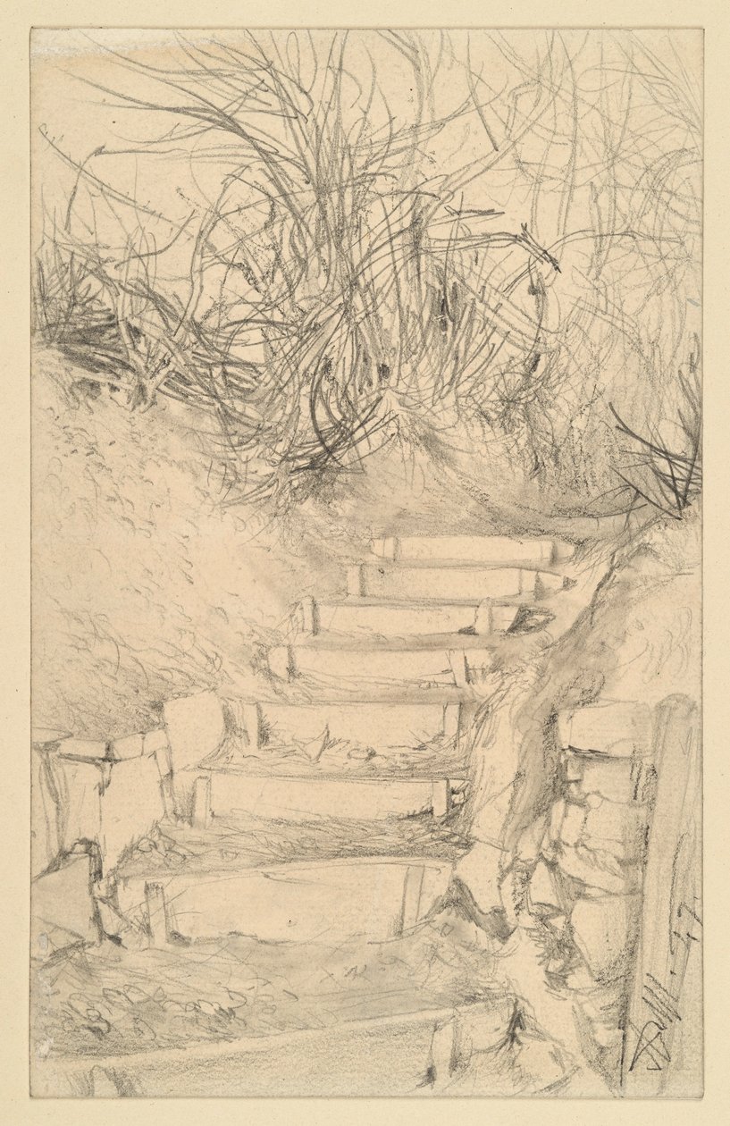Buitentrap met struikgewas door Adolph Menzel