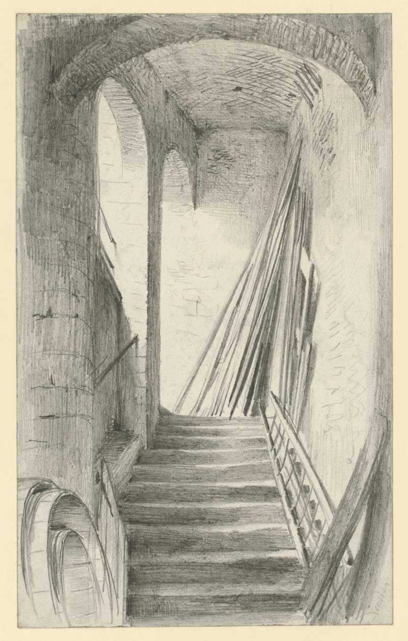 Trap met opgestapelde planken in Dresden door Adolph Menzel