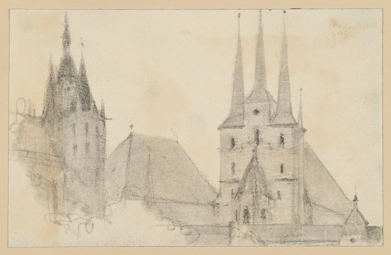 Torens en daken van de dom en de Sint-Severuskerk in Erfurt door Adolph Menzel