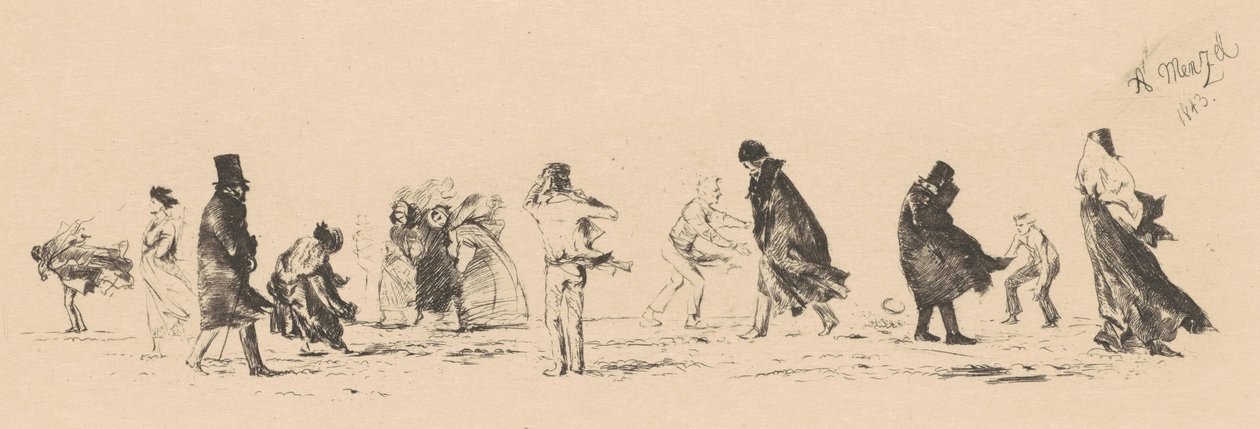 Zonder titel (Figuren in een harde wind) door Adolph Menzel