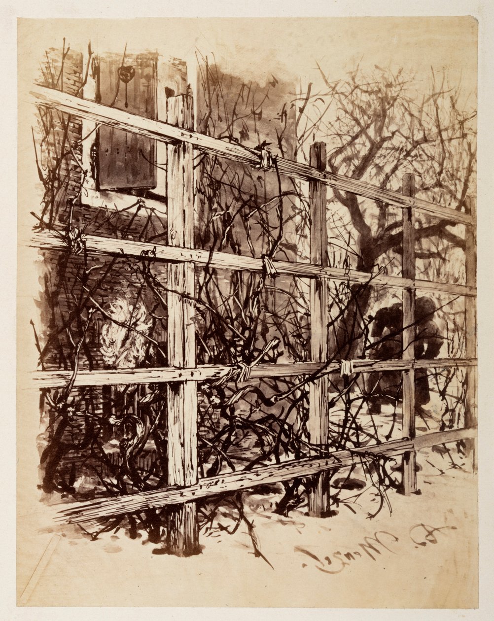 Voor een huis staat een latwerk waaraan een pruik hangt, naar Heinrich von Kleist, „De gebroken kruik“ door Adolph Menzel