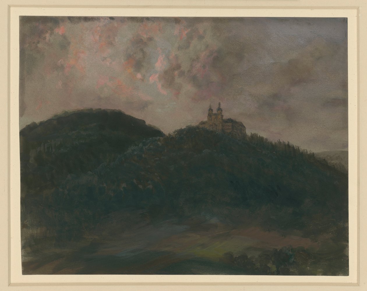 Bosrijk berglandschap met het klooster Banz bij Lichtenfels in Beieren, op de heuvel door Adolph Menzel