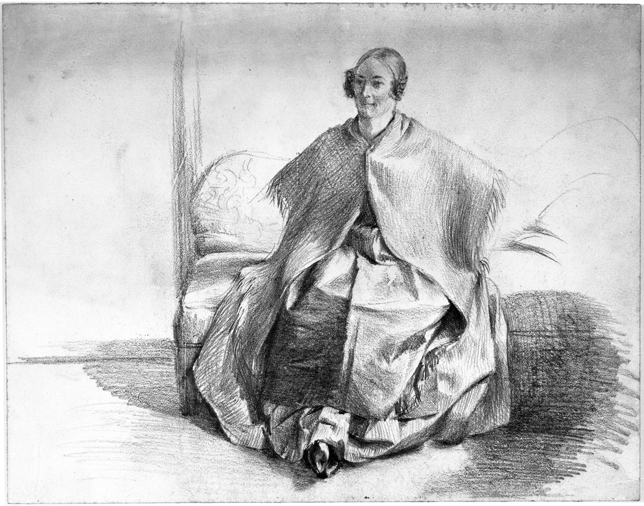 Vrouwelijk kostuumfiguur met omslagdoek, zittend op een bank door Adolph Menzel