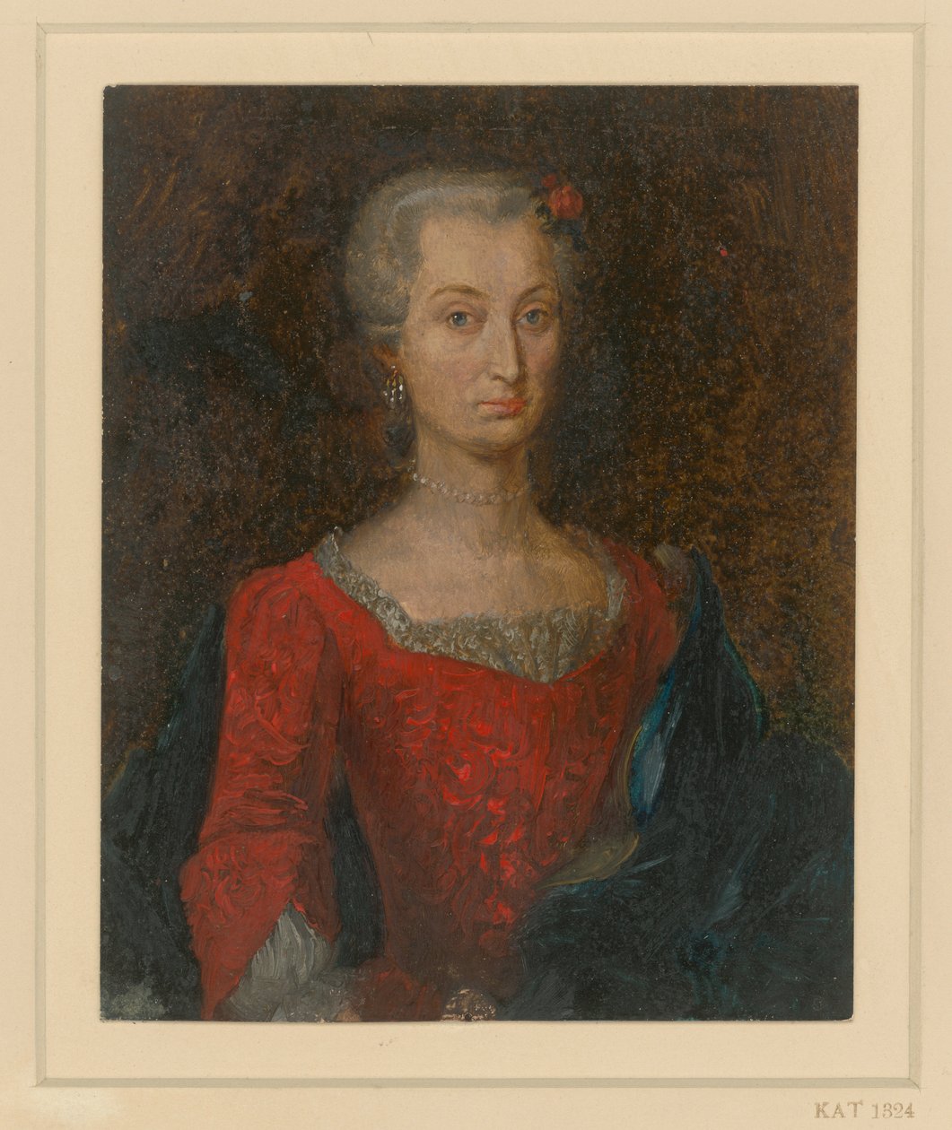 Vrouwelijk borstbeeld in een rode jurk met een blauwe mantel door Adolph Menzel