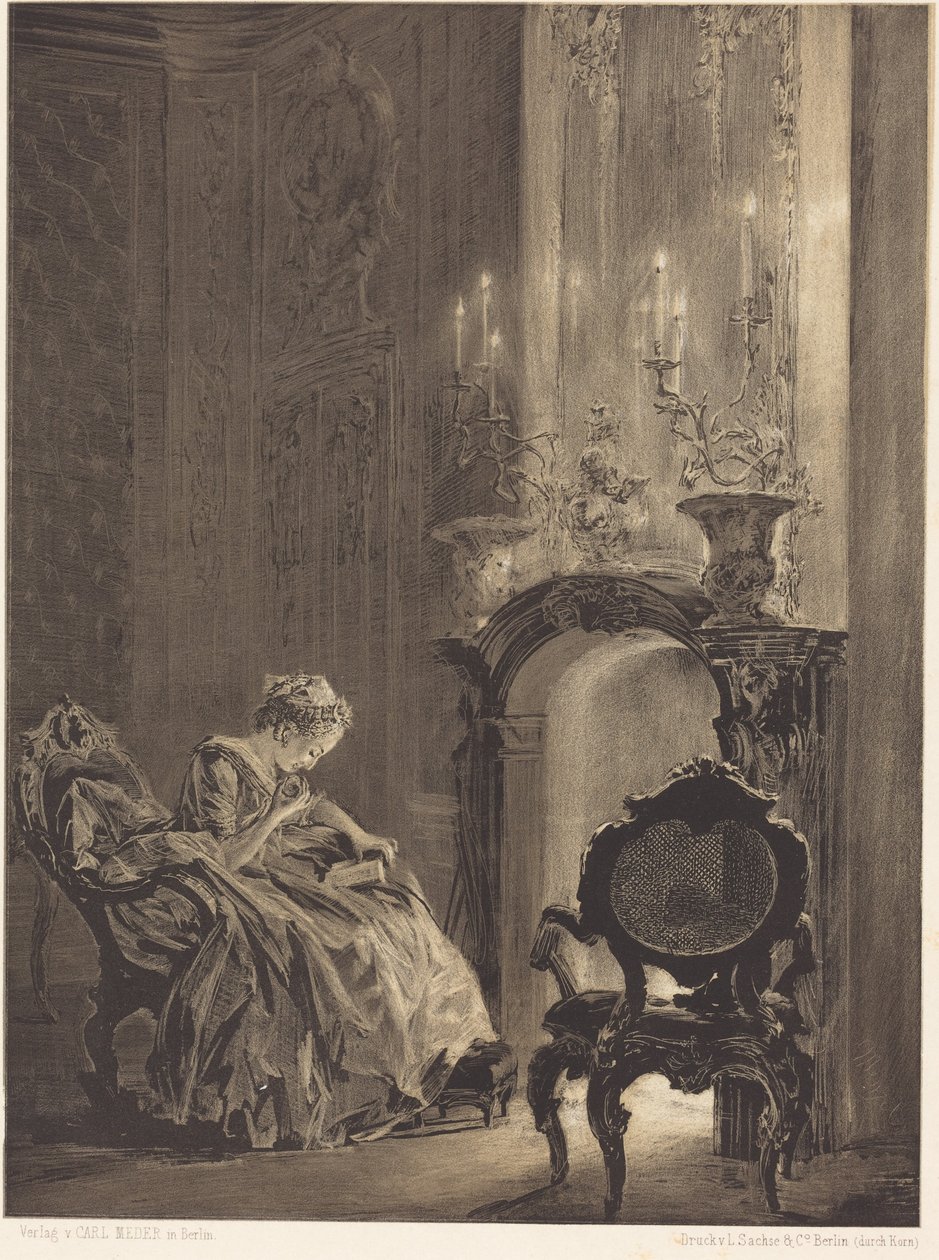 Vrouw voor een vuur door Adolph Menzel