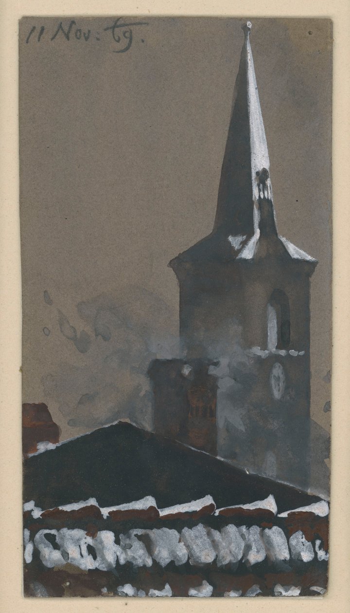 Pannendak en kerktoren, besneeuwd door Adolph Menzel