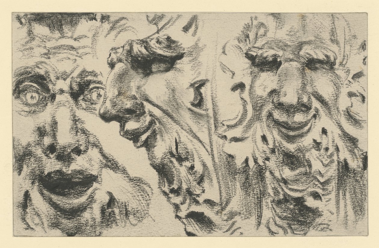 Twee faunmaskers in de Zwinger in Dresden door Adolph Menzel