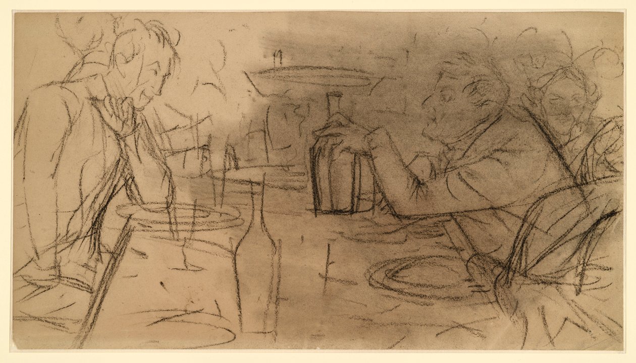 Twee heren die tegenover elkaar aan een tafel in een café zitten en een gesprek voeren door Adolph Menzel
