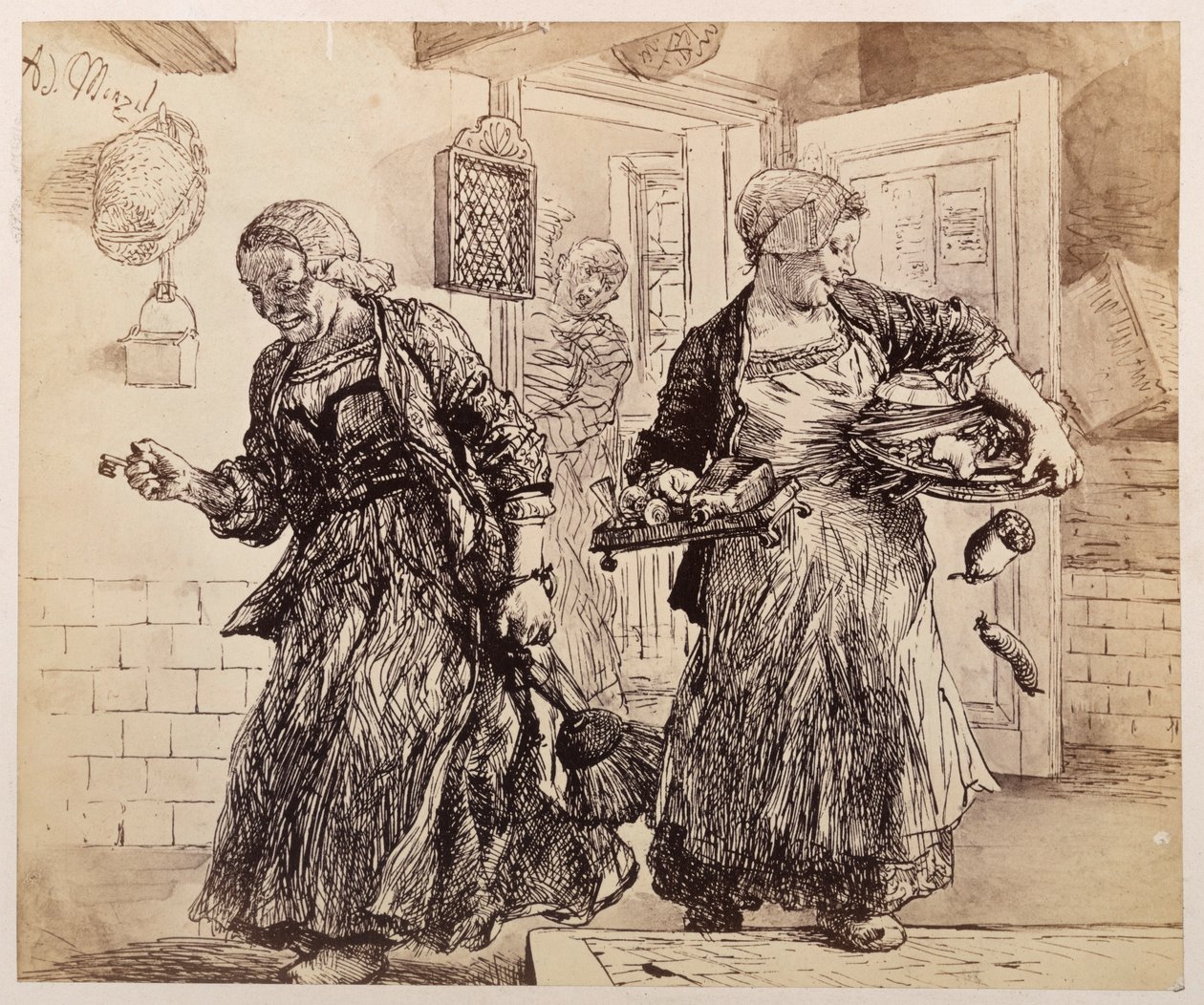 Twee dienstmeisjes komen lachend naar voren met dienbladen, schalen enzovoort. De dorpsrechter, die achter in de kamer met een stapel dossiers bezig is, snauwt hen na, naar Heinrich von Kleist, „De gebroken kruik“ door Adolph Menzel