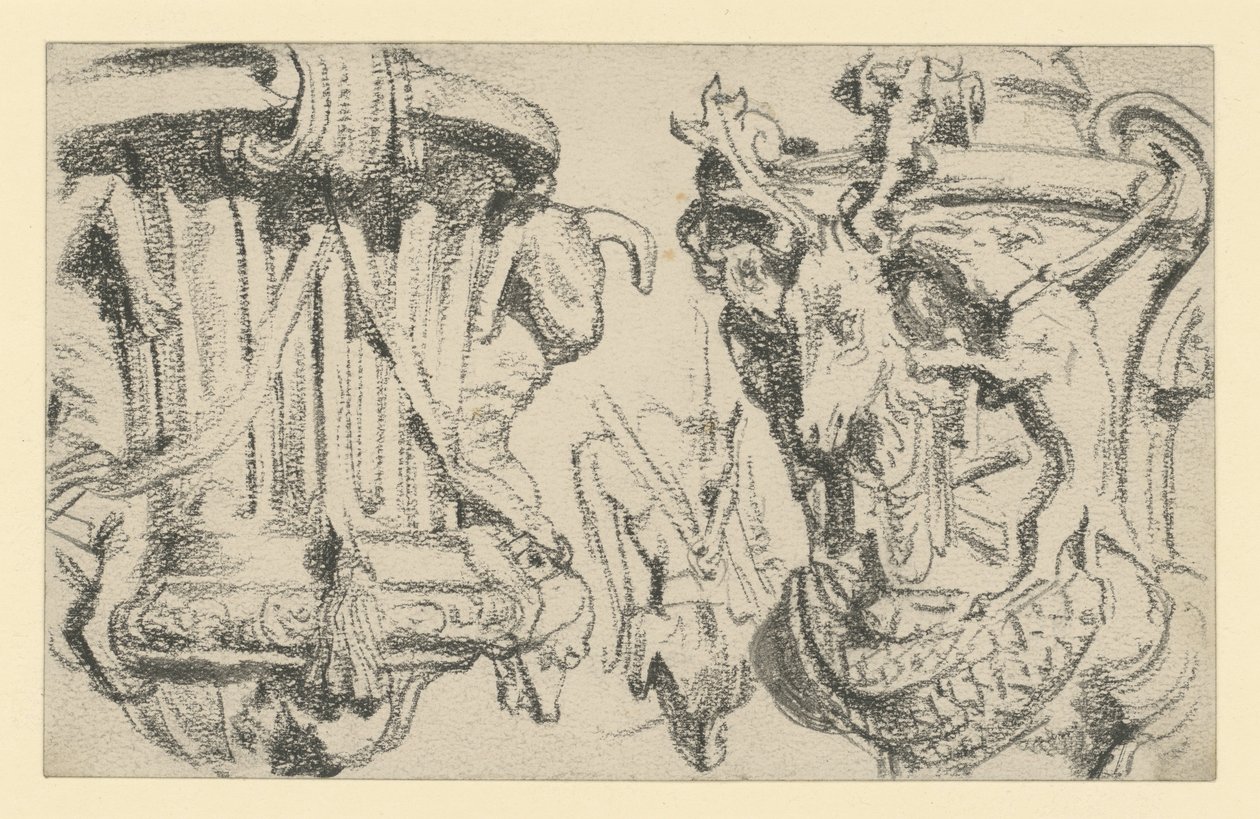 Twee vazen op de balustrade van het terras van kasteel Moritzburg bij Dresden door Adolph Menzel