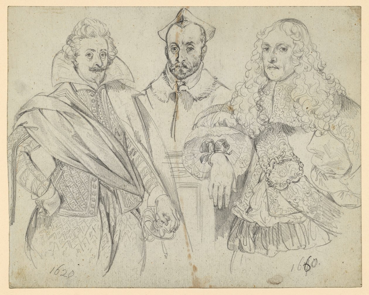 Twee hoogwaardigheidsbekleders uit 1620 en 1660, met in het midden een kardinaal. Naar historische afbeeldingen door Adolph Menzel