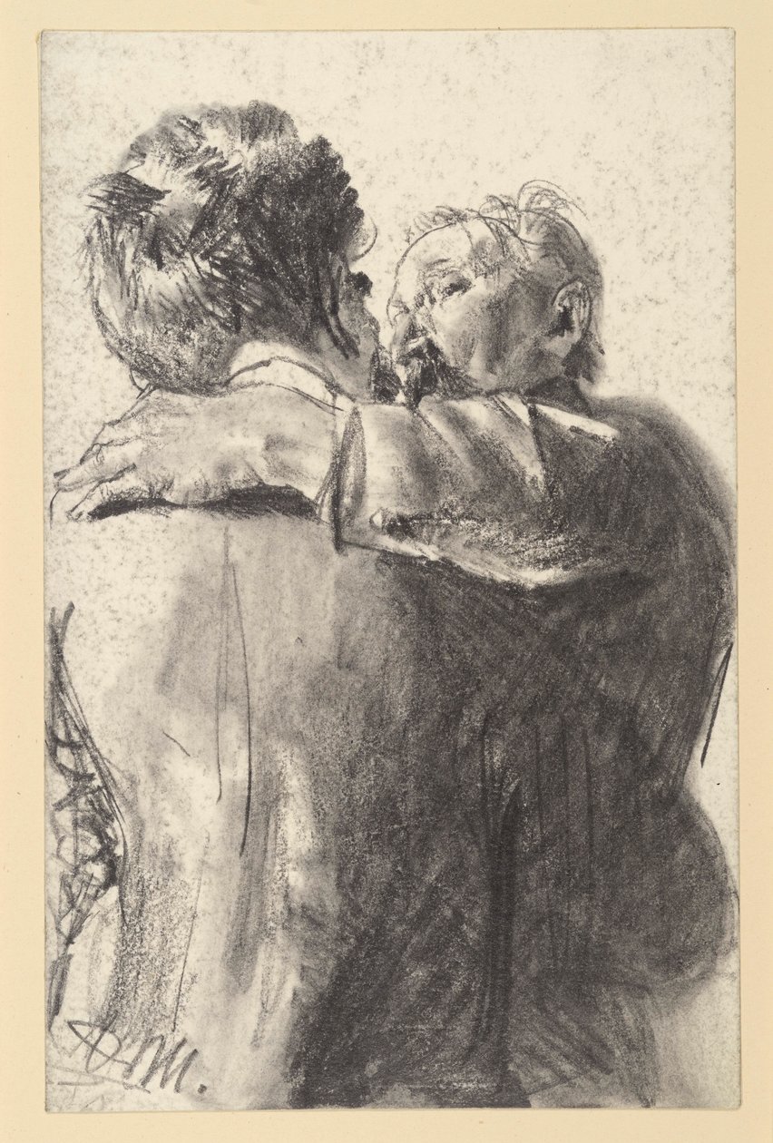 Twee mannen die elkaar omhelzen, gezien vanaf de rug en vanaf de zijkant door Adolph Menzel