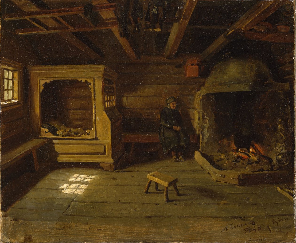 Boerderij-interieur uit Skjønne in Numedal door Adolph Tidemand