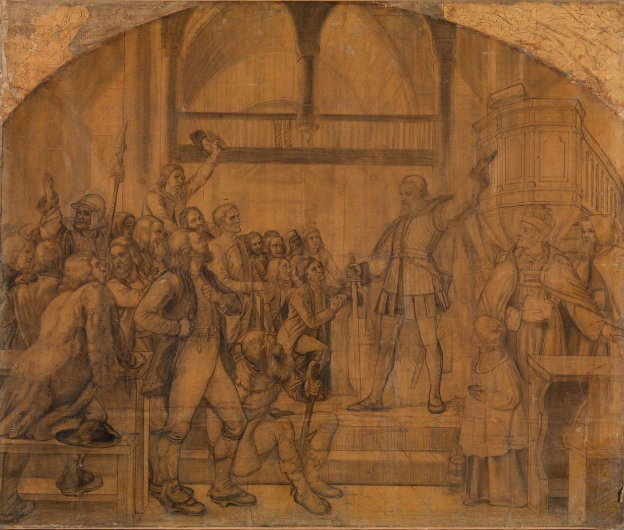 Gustav Vasa spreekt tot het volk van Dalarna in de kerk van Mora door Adolph Tidemand