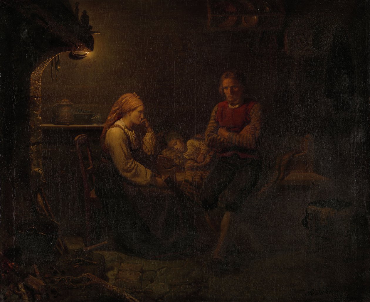 Ouders bij het bed van hun zieke kind door Adolph Tidemand