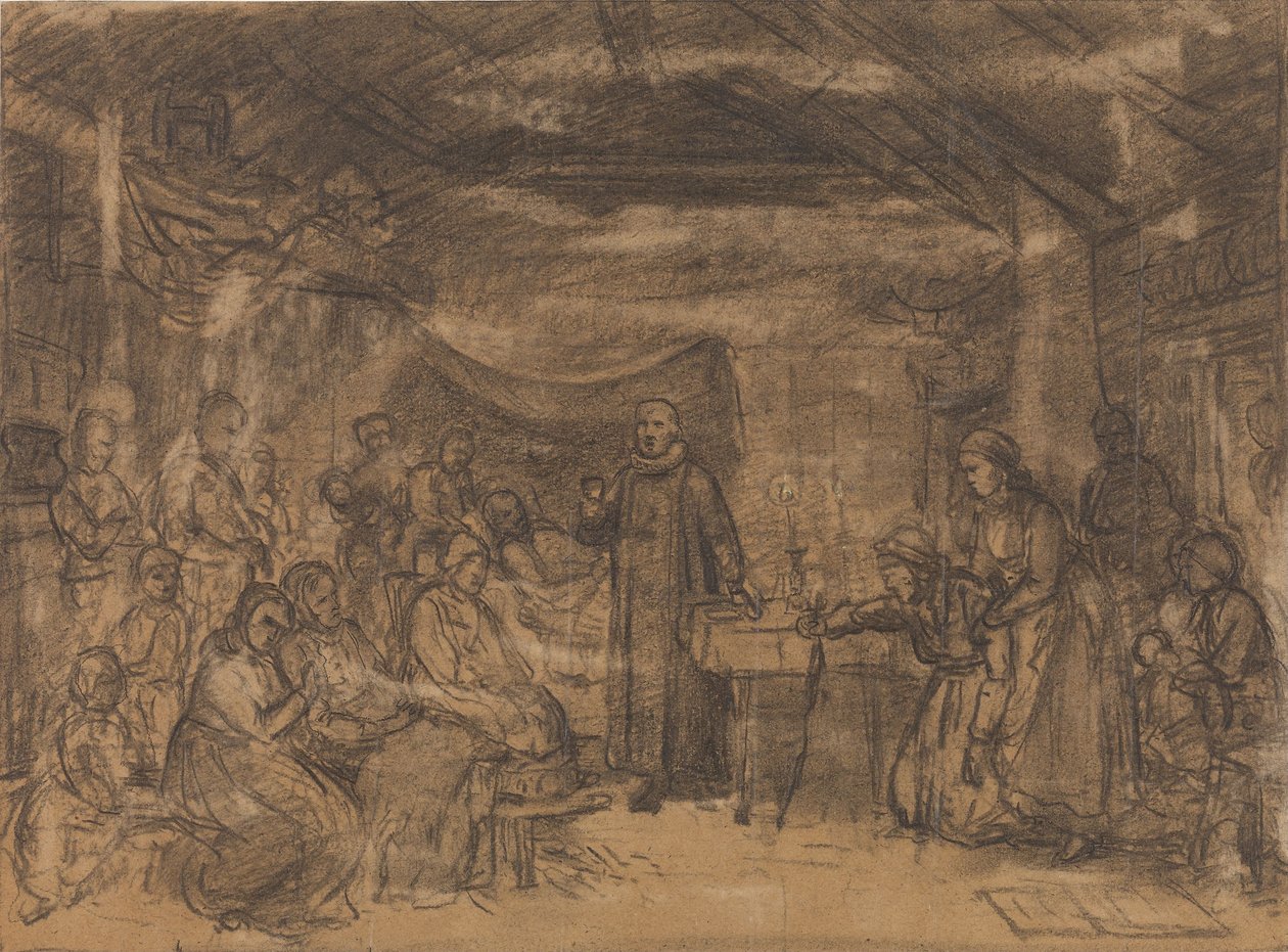 Priester die de communie uitdeelt in een boereninterieur door Adolph Tidemand