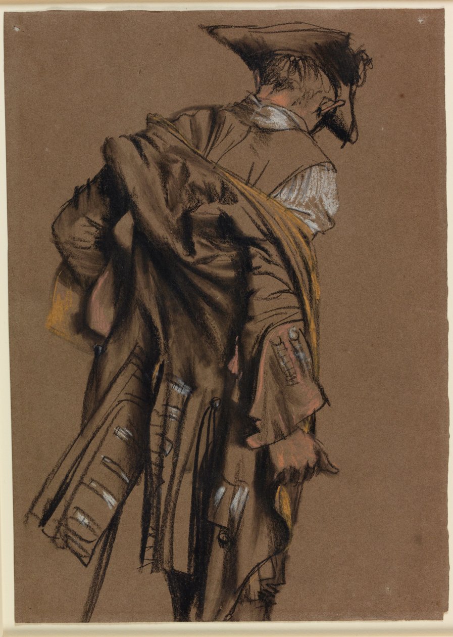 Model van de kunstenaar, gezien van achteren, aantrekken van een achttiende-eeuws uniform door Adolph Menzel