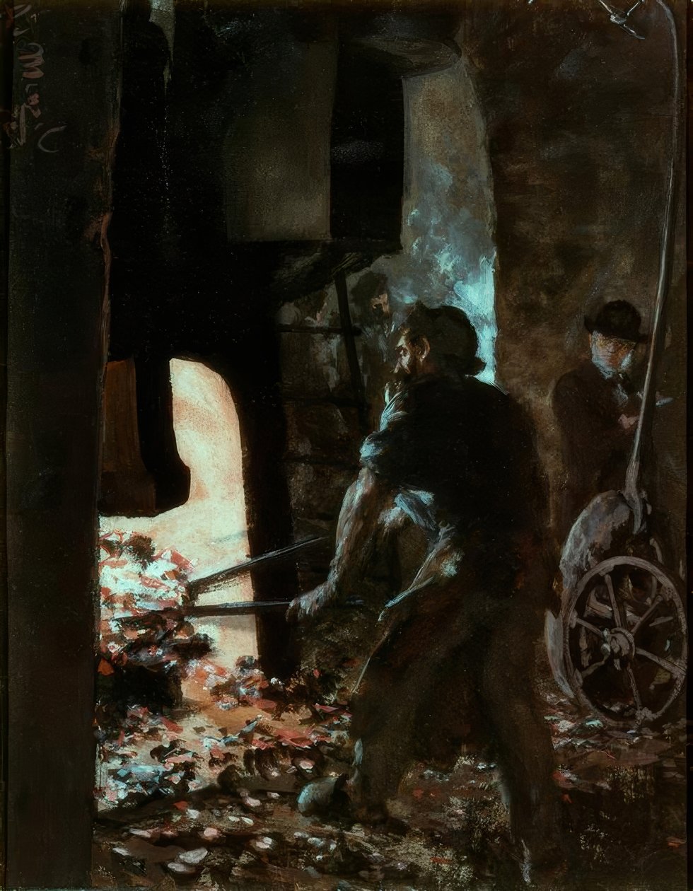Zelfportret met Arbeider bij de Stoomhamer door Adolph Menzel