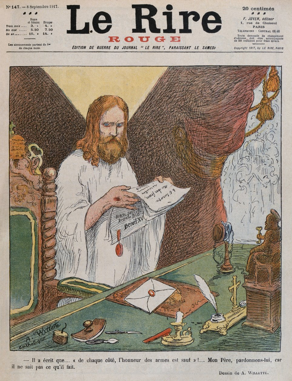 Jezus Christus leest het vredesplan uitgegeven door Paus Benedictus XV, voorpagina illustratie van 