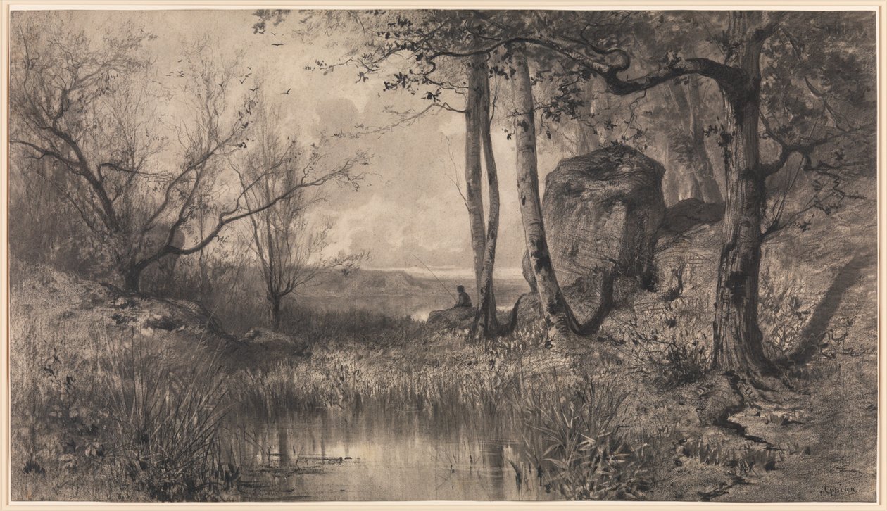 Een vijver met een visser langs de rivier de Ain door Adolphe Appian