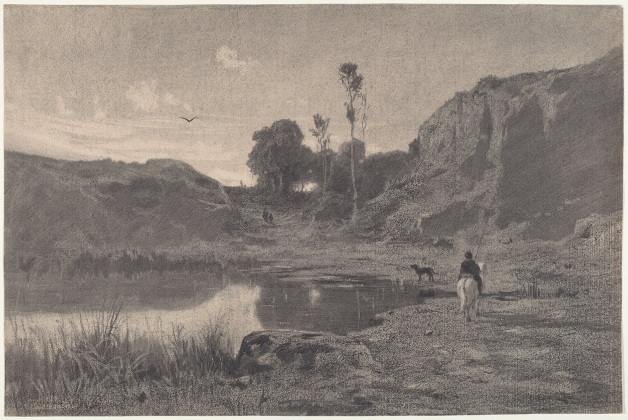 Een ruiter bij een bergmeer bij zonsondergang door Adolphe Appian