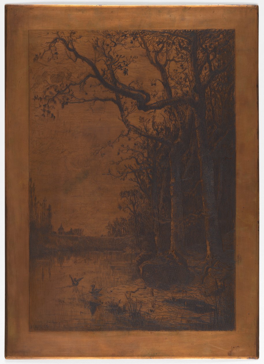 Geëtste koperplaat "Landschap met Eenden" door Adolphe Appian door Adolphe Appian
