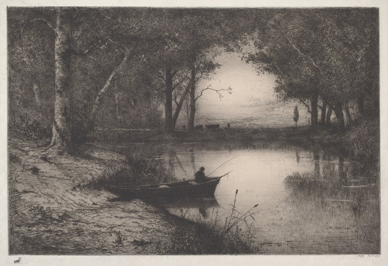 Visser in een boot aan de oever van een rivier door Adolphe Appian