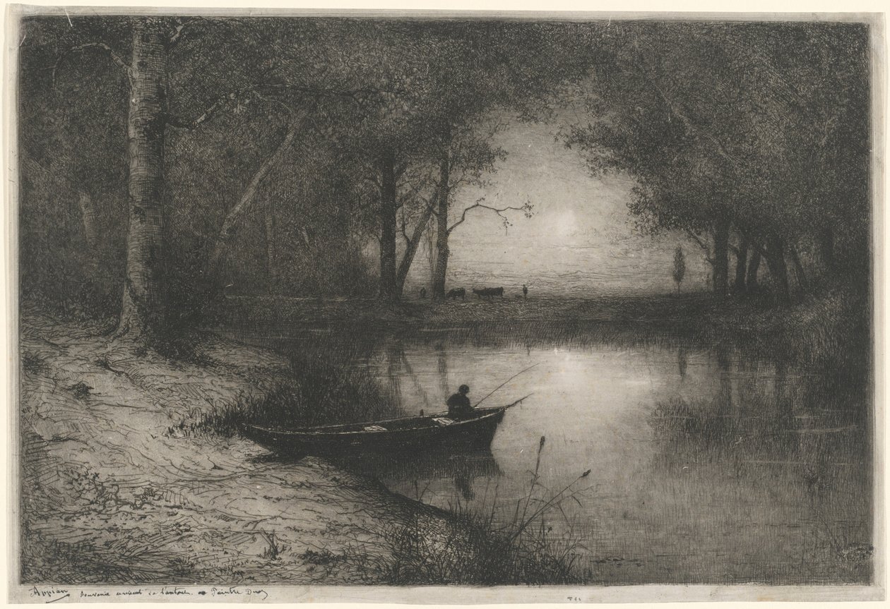 Visser in een kano, aan de oever van een rivier door Adolphe Appian
