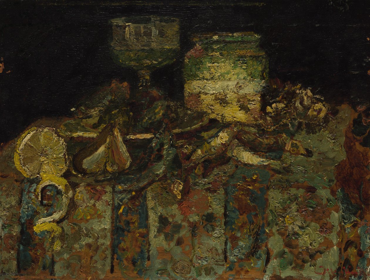Stilleven: Oesters, Vis, c. 1880 door Adolphe Joseph Thomas Monticelli