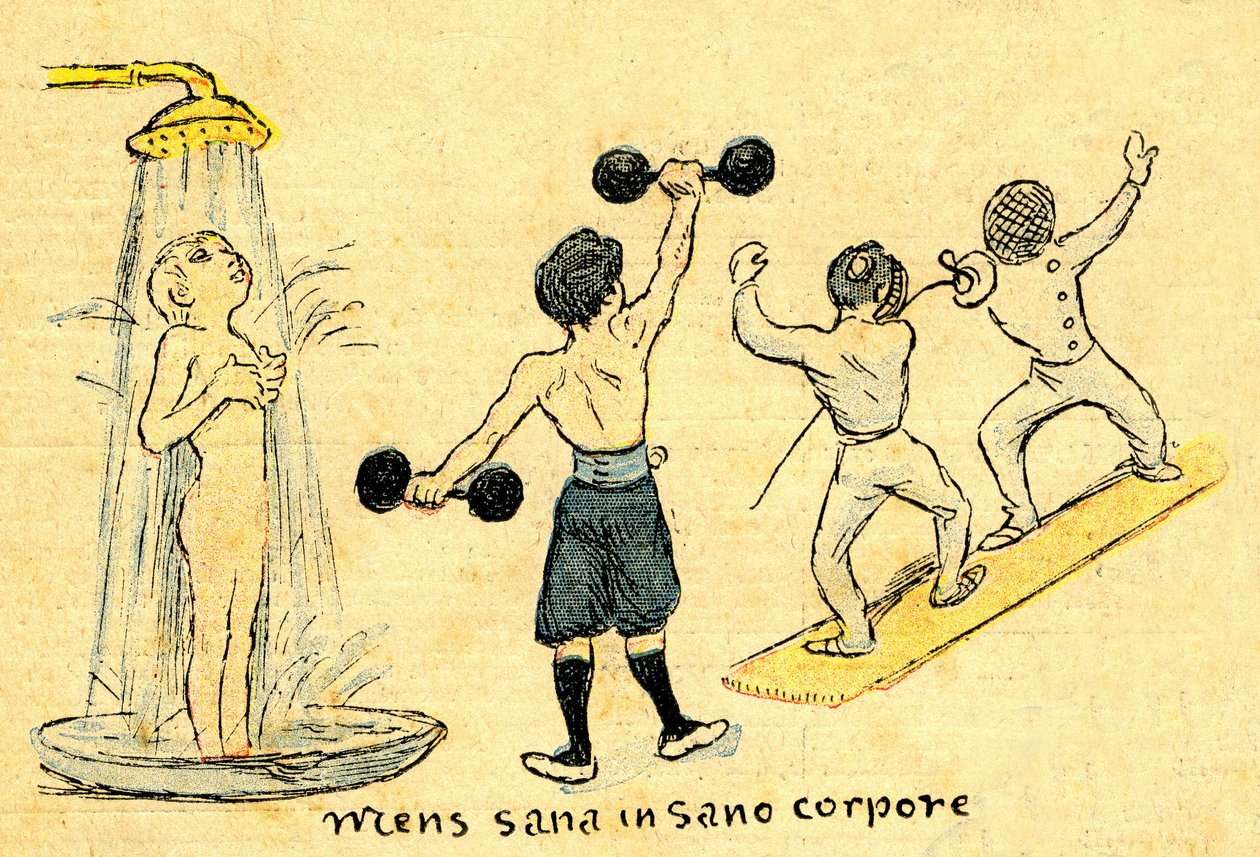 Hygiëne en sport. "Mens sana in sano corpore". Tekening van A. Wilette in de geïllustreerde bijlage bij de Depeche de Toulouse n° 41, 12 oktober. door Adolphe Leon Willette