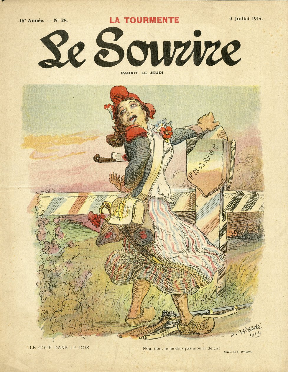 Illustratie van Adolphe dit Willette voor de omslag van Le Smile, nr. 28, 09/07/14 - De steek in de rug - Nationalisme, Franse Revolutie, Oorlog van 14-18, Fronten - Marianne door Adolphe Leon Willette