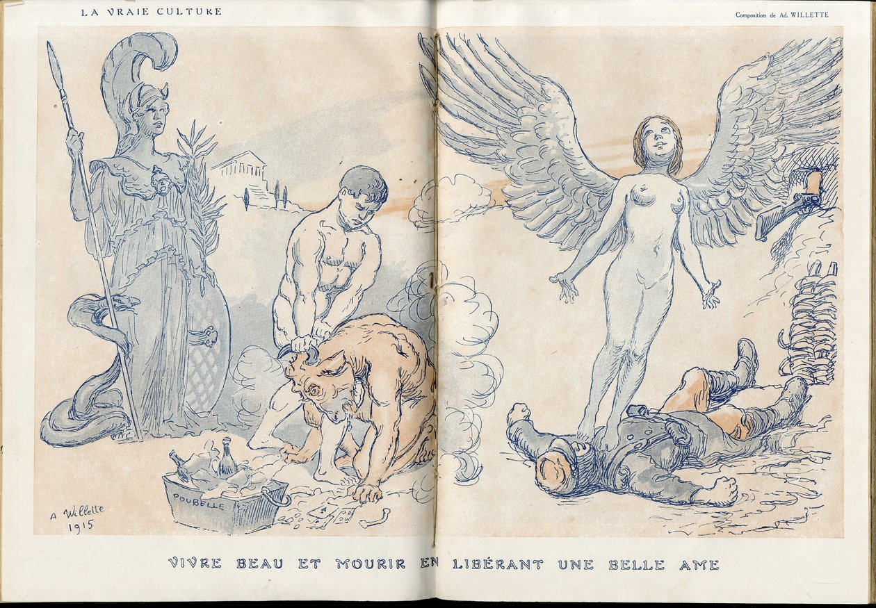 Illustratie van Adolphe dit Willette (1857-1926) in Fantasio, 01/05/15 - Mooi leven en sterven door het loslaten van een mooie ziel - Oorlog van 14-18, Dode lijken, Barbarij/Kultur, Jam van Schedel - Soldaten door Adolphe Leon Willette